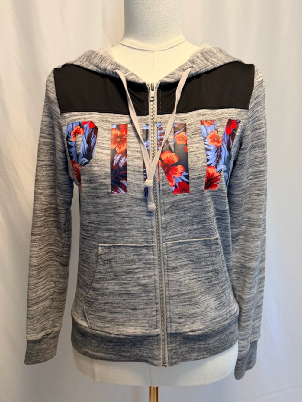 Victoria's Secret PINK Gray Floral Logo Hoodie XS Zip Y2K Cute Lounge